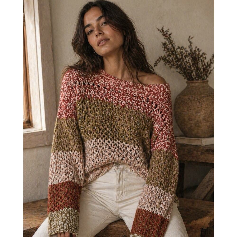 Derek Lam 10 Crosby Chunky Knit Sweater Open Weave Colorblock NWT Medium